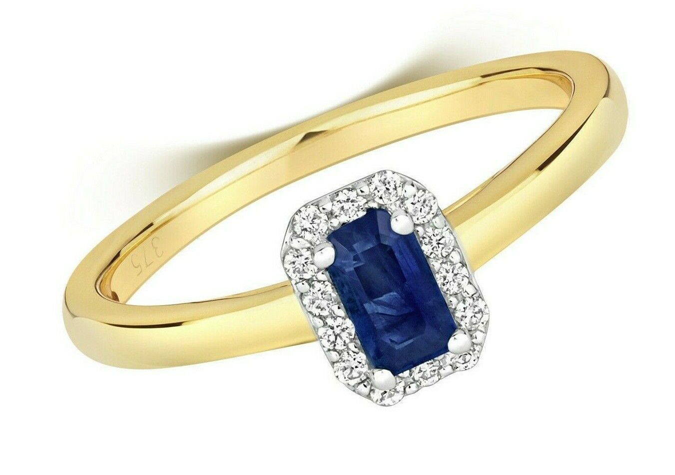 9ct Yellow Gold Sapphire and Diamond Ring Emerald Cut Cluster Size J - Q