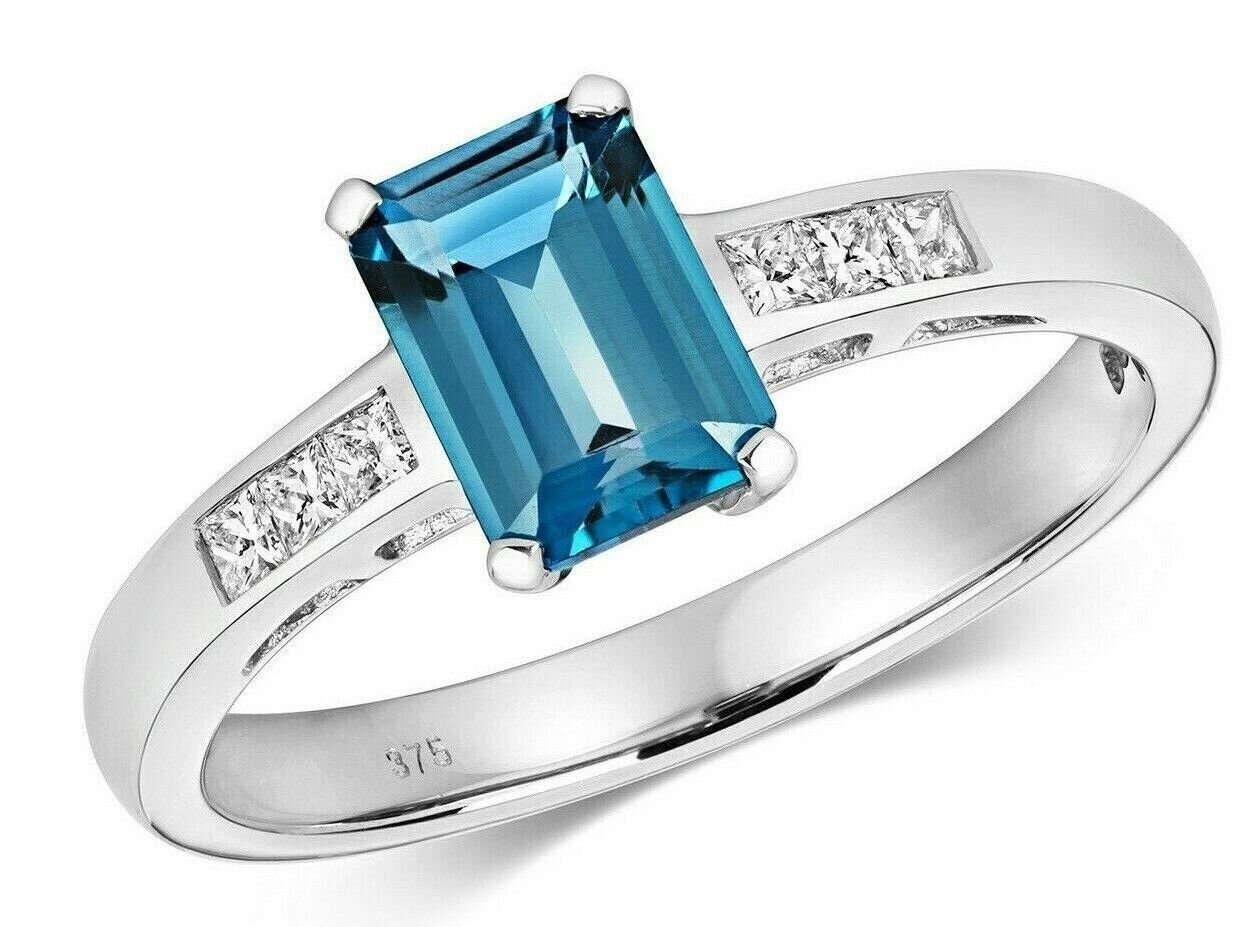 Real London Blue Topaz and Diamond Ring 9ct White Gold Emerald Cut Solitaire