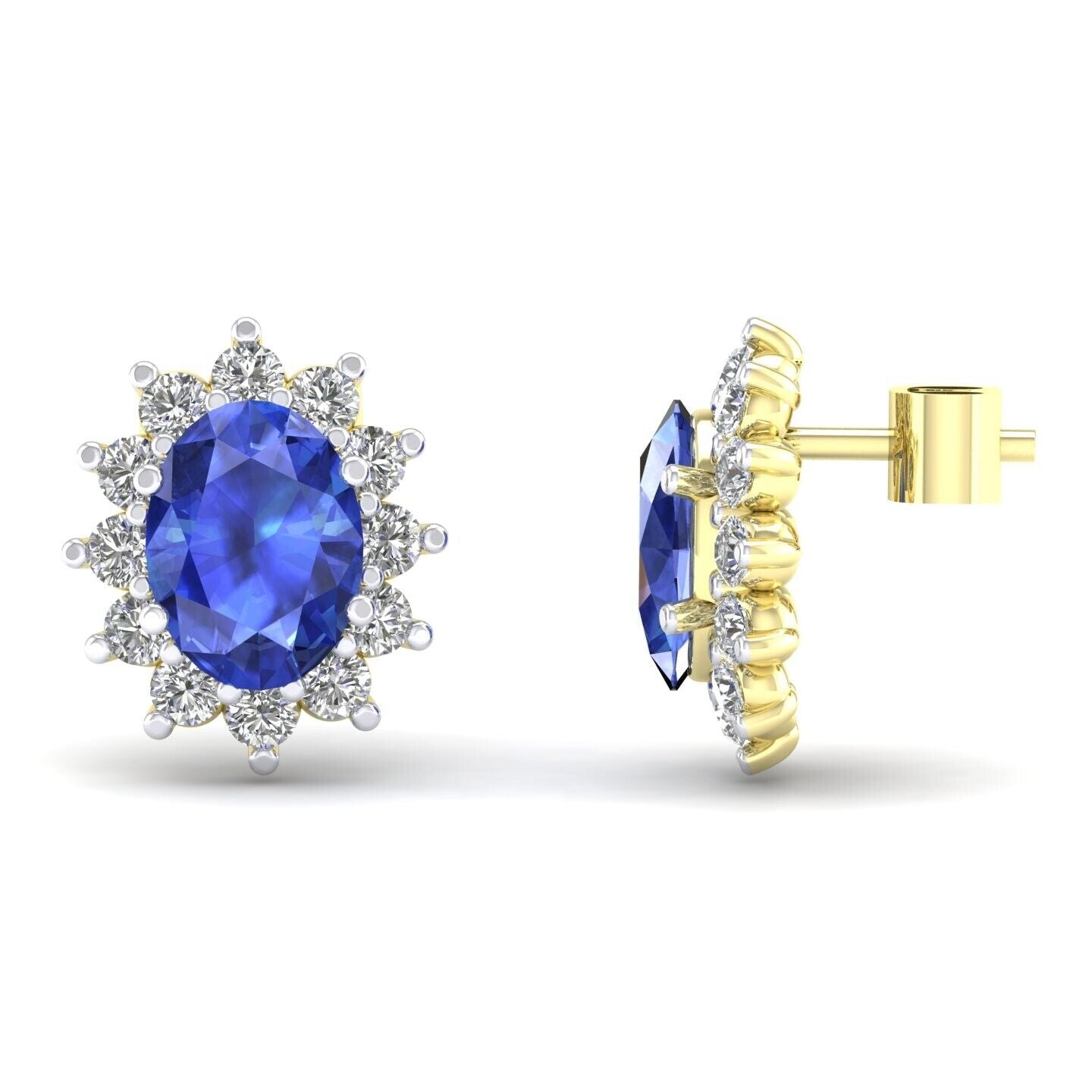 Sapphire Oval Cluster Stud Earrings Solid 9ct Yellow Gold Claw Set Hallmarked