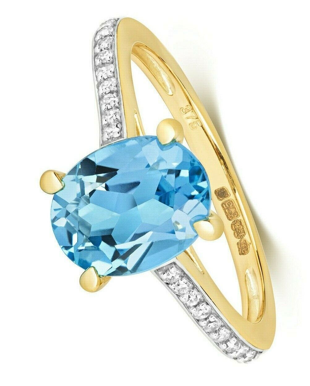 Real Blue Topaz and Diamond Ring Solid Yellow Gold Oval Size JKLMNOPQ