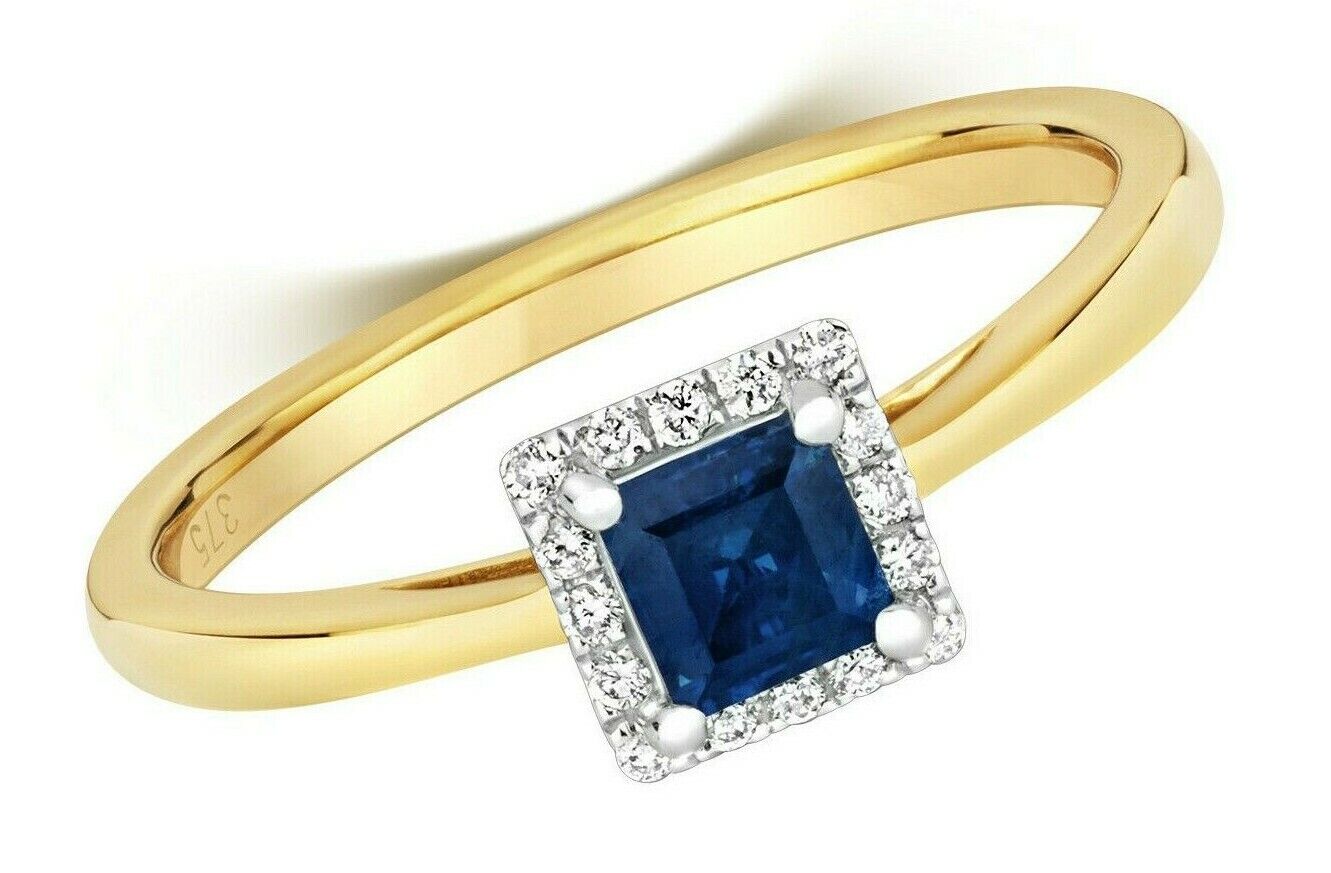 Real Sapphire and Diamond Ring 9ct Yellow Gold Square Cluster Size J - Q