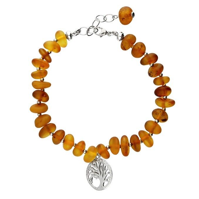 Cognac Amber Beads with a Tree of Life Charm Solid Sterling Silver