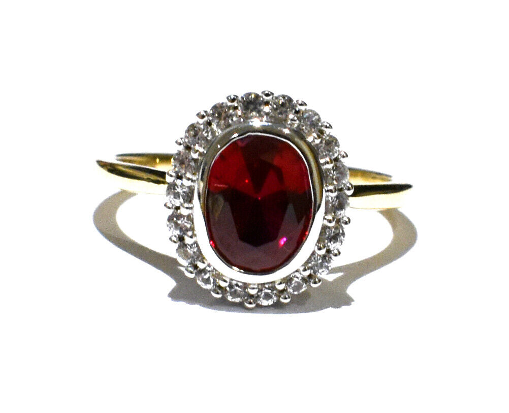 Yellow Gold Ruby Ring White Sapphire Engagement Cluster Dress Hallmarked British