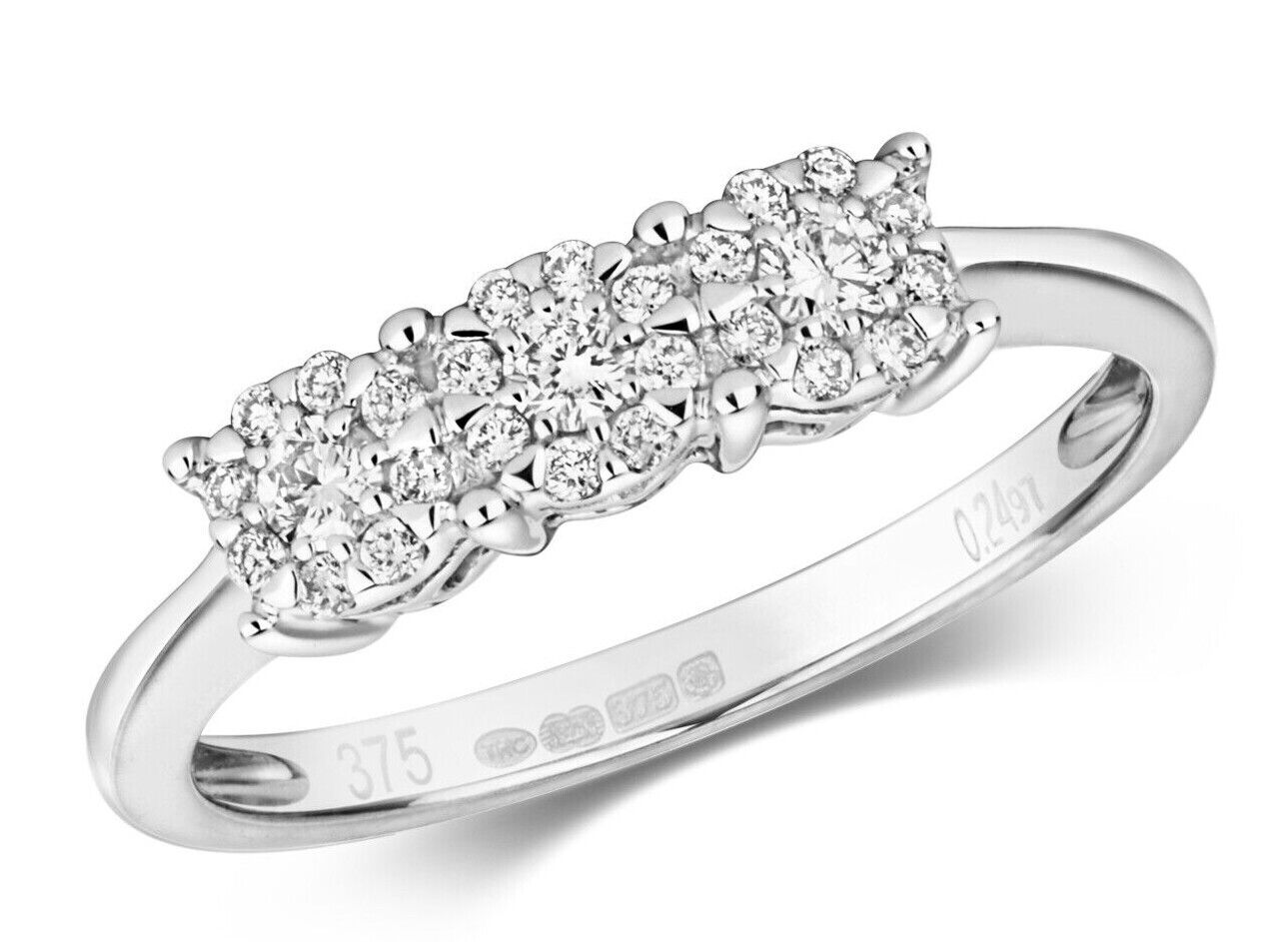 Real Diamond Ring Three Stone Cluster 9ct White Gold Trilogy 0.24ctw Size J-Q