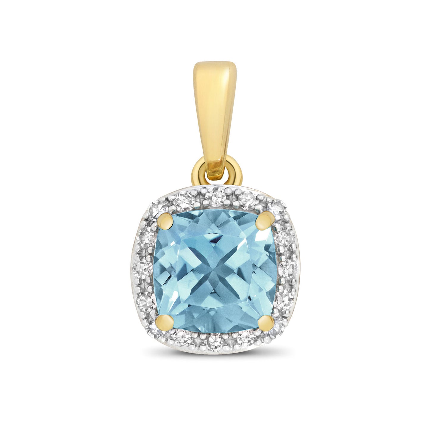 Blue Topaz and Diamond Pendant 9ct Yellow Gold Cushion Halo Necklace Real Stones