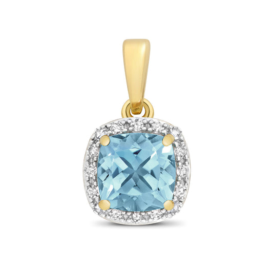 Blue Topaz and Diamond Pendant 9ct Yellow Gold Cushion Halo Necklace Real Stones