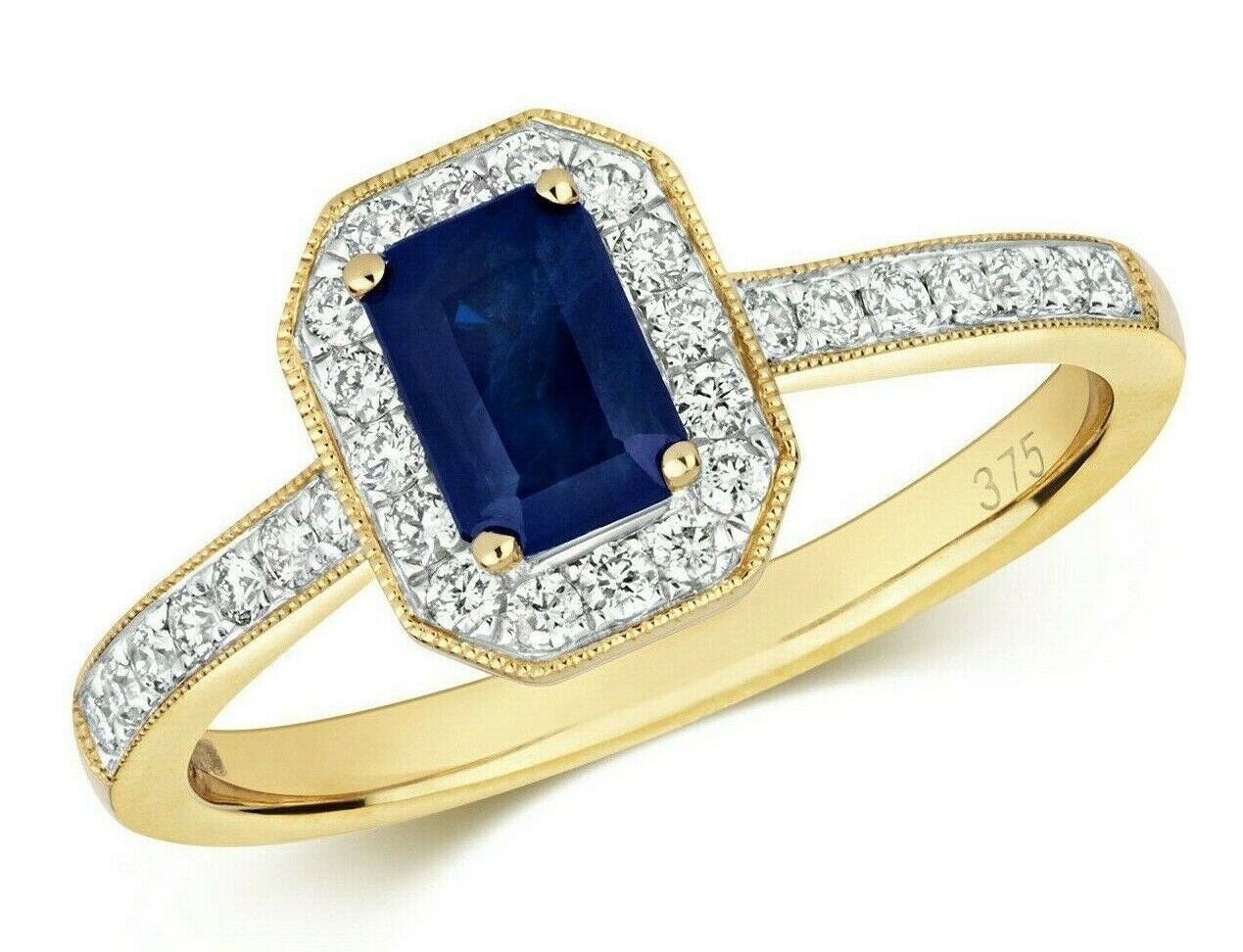 Real Sapphire and Diamond Ring 9ct Yellow Gold Octagon Cluster Size J-Q