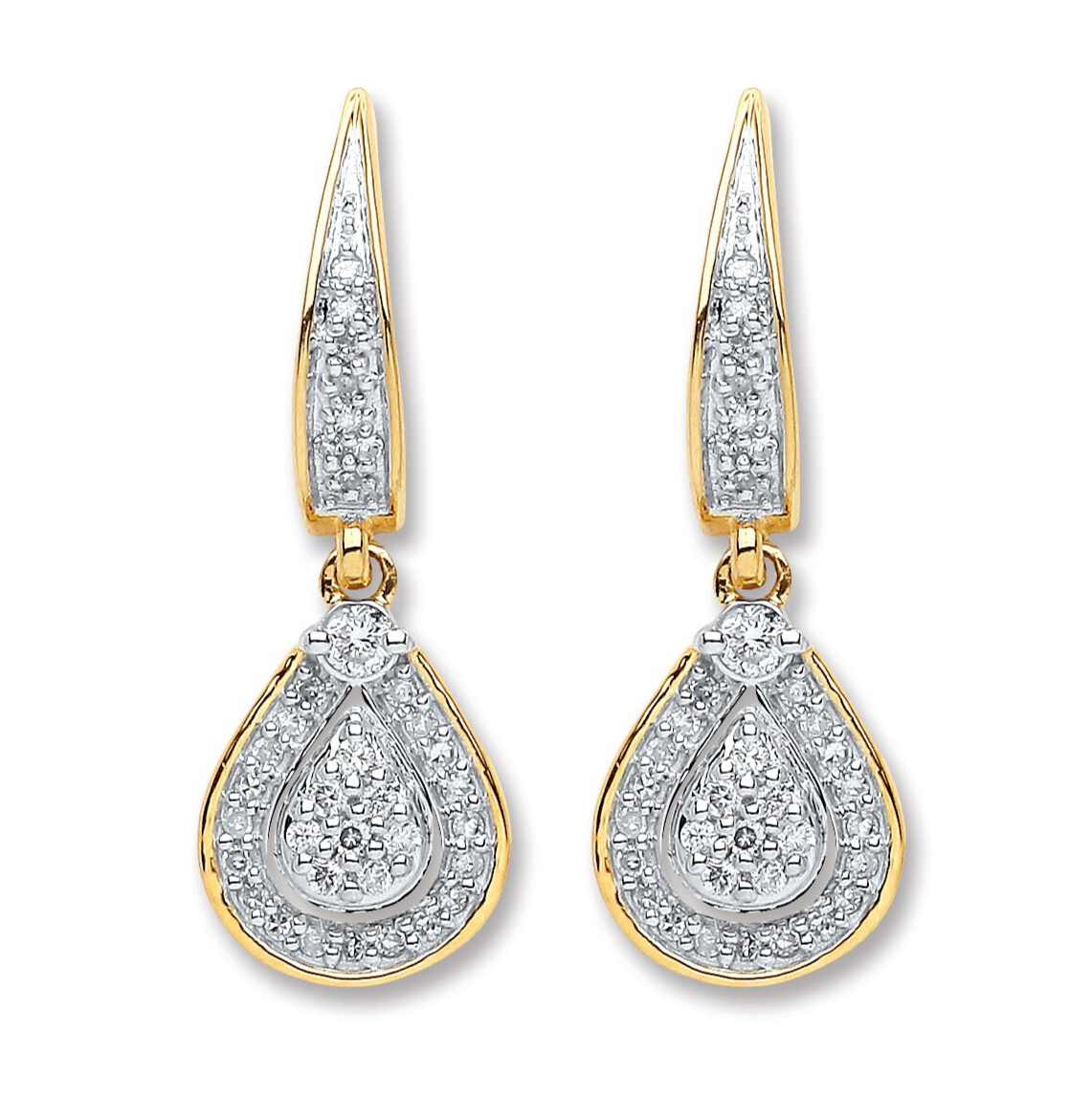 9ct Yellow Gold Pear Drop 0.25ct Diamond Earrings 24mm Length Hallmarked