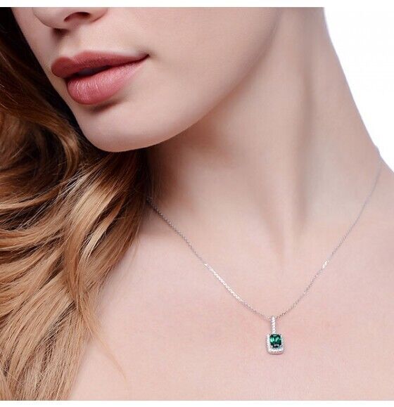 Emerald Rectangular Drop Pendant Sterling Silver 16-18" Chain Luxury Packaging