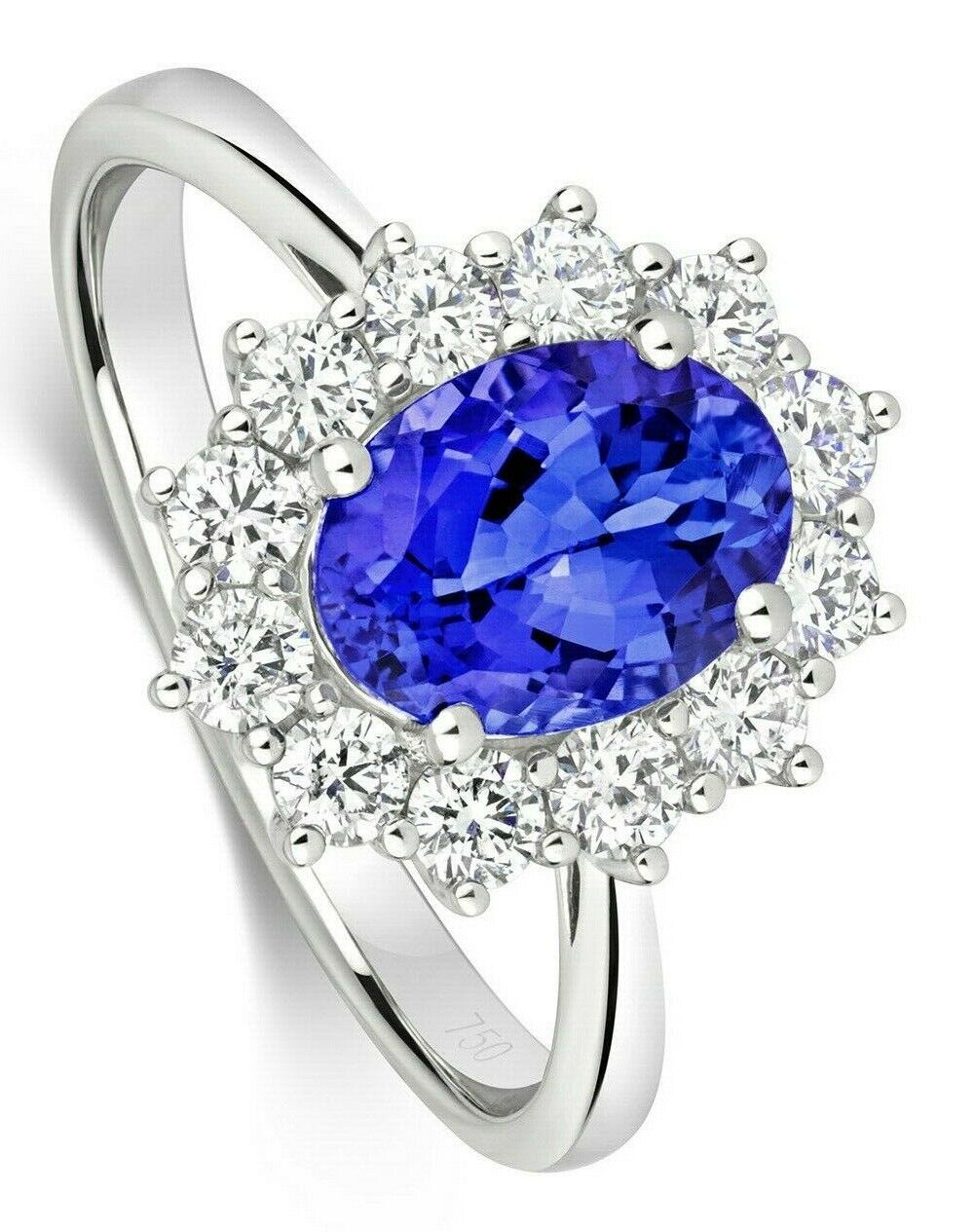 Real Tanzanite and Diamond Ring 18ct White Gold Oval Cluster 1.76 Carat Weight