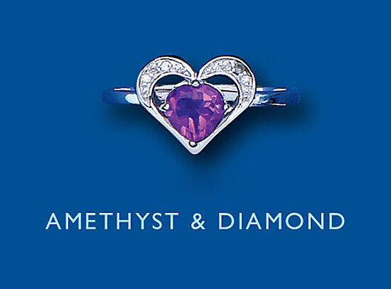 Amethyst and Diamond Ring Heart Solid Sterling Silver Ladies