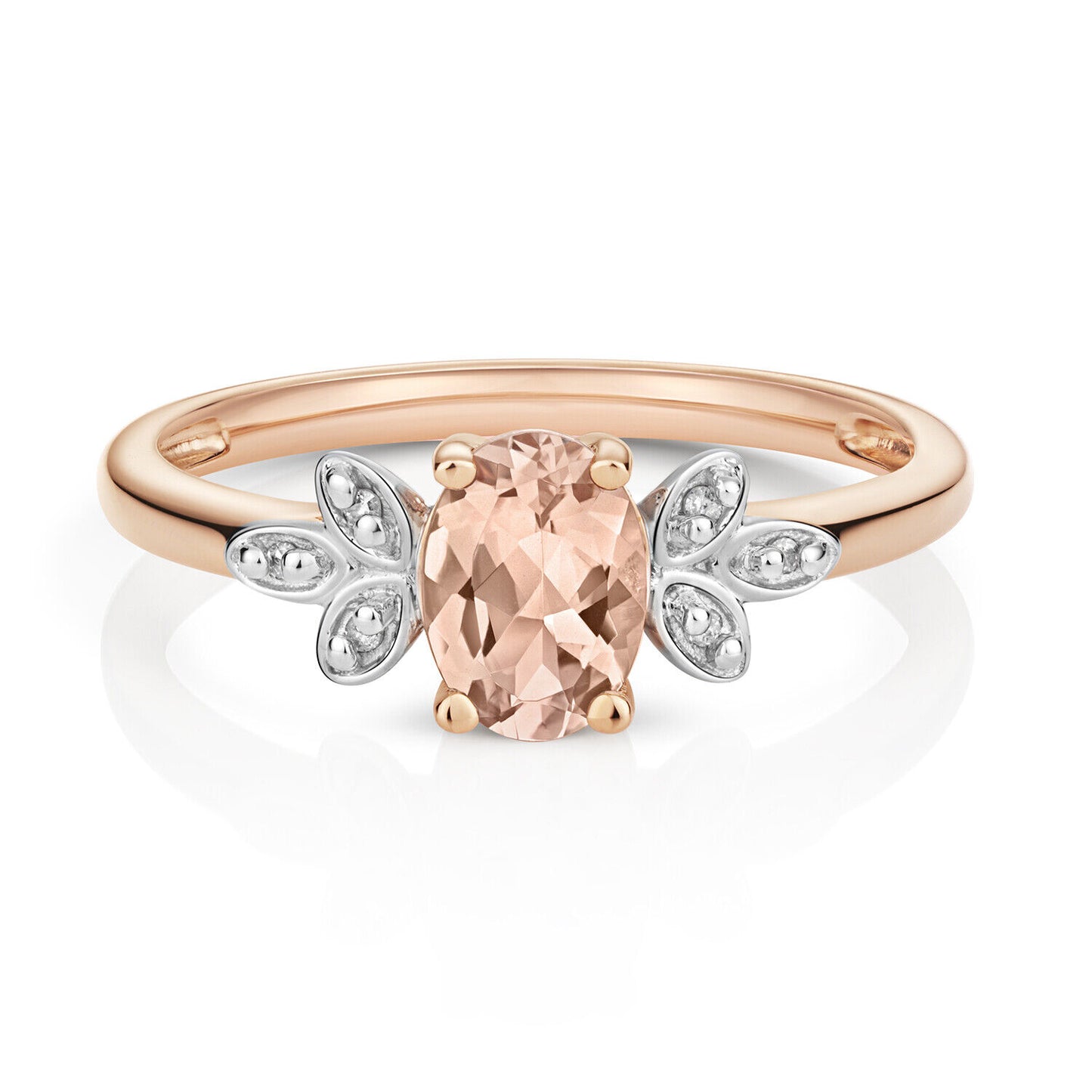 Real Morganite and Diamond Ring Leaf Design Shoulders 9ct Rose Gold Size J - Q