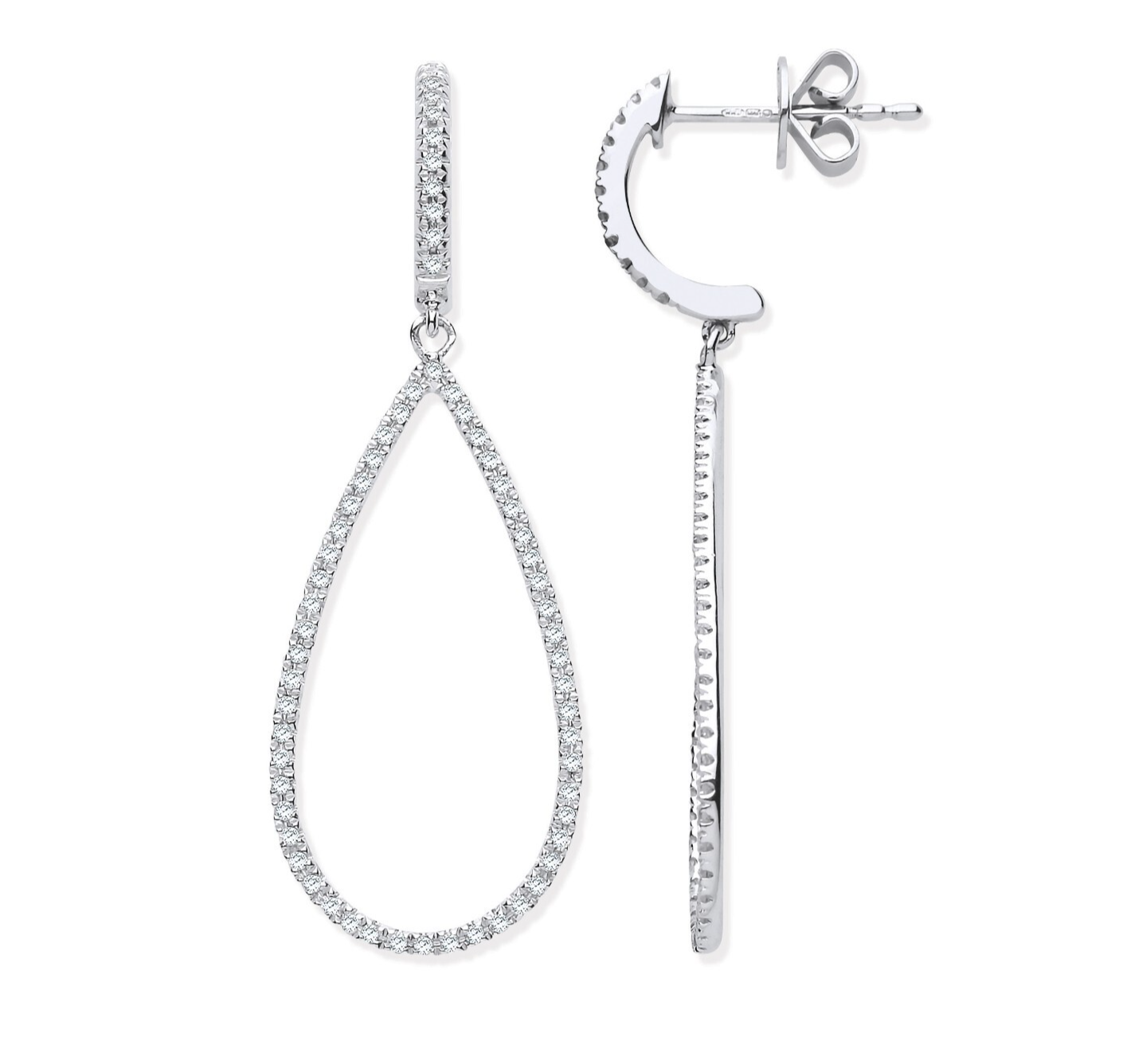 9ct White Gold 0.35ct Diamond Pear Drop Earrings 38mm Length Hallmarked