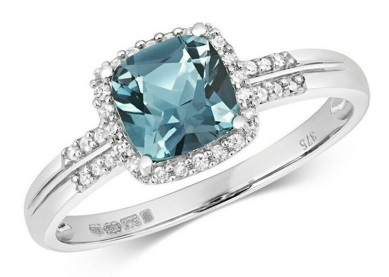 Real London Blue Topaz and Diamond Ring Solid White Gold Size J - Q