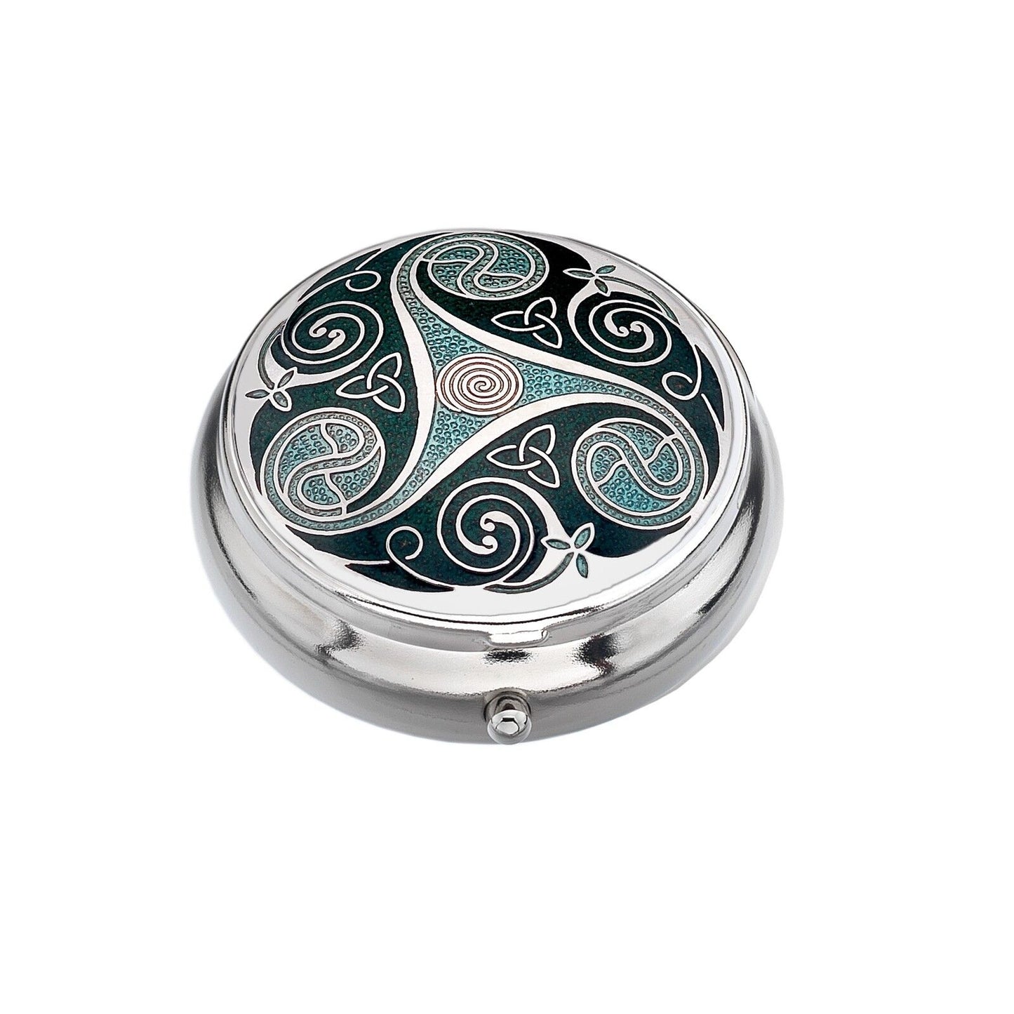 Pillbox Silver Plated Celtic Triskele Durrow Green Brand New and Boxed