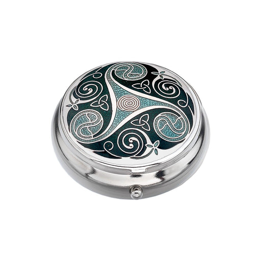 Pillbox Silver Plated Celtic Triskele Durrow Green Brand New and Boxed