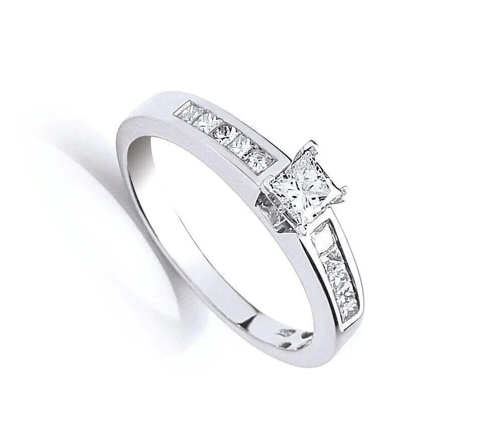 Real Princess Cut Diamond Solitaire Ring 18ct White Gold 0.50 Carat Weight