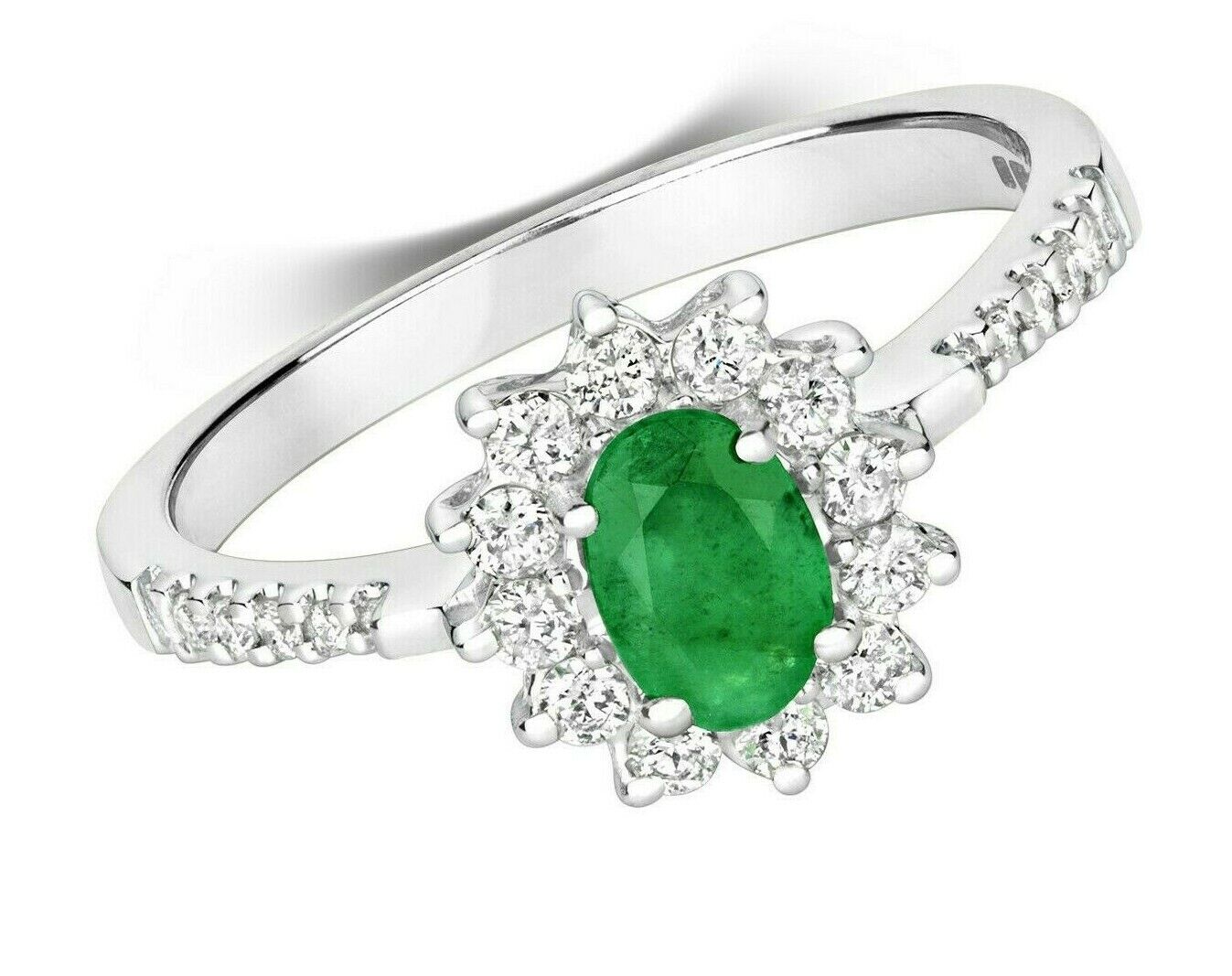 Real Emerald and Diamond Ring 9ct White Gold Oval Cluster Engagement