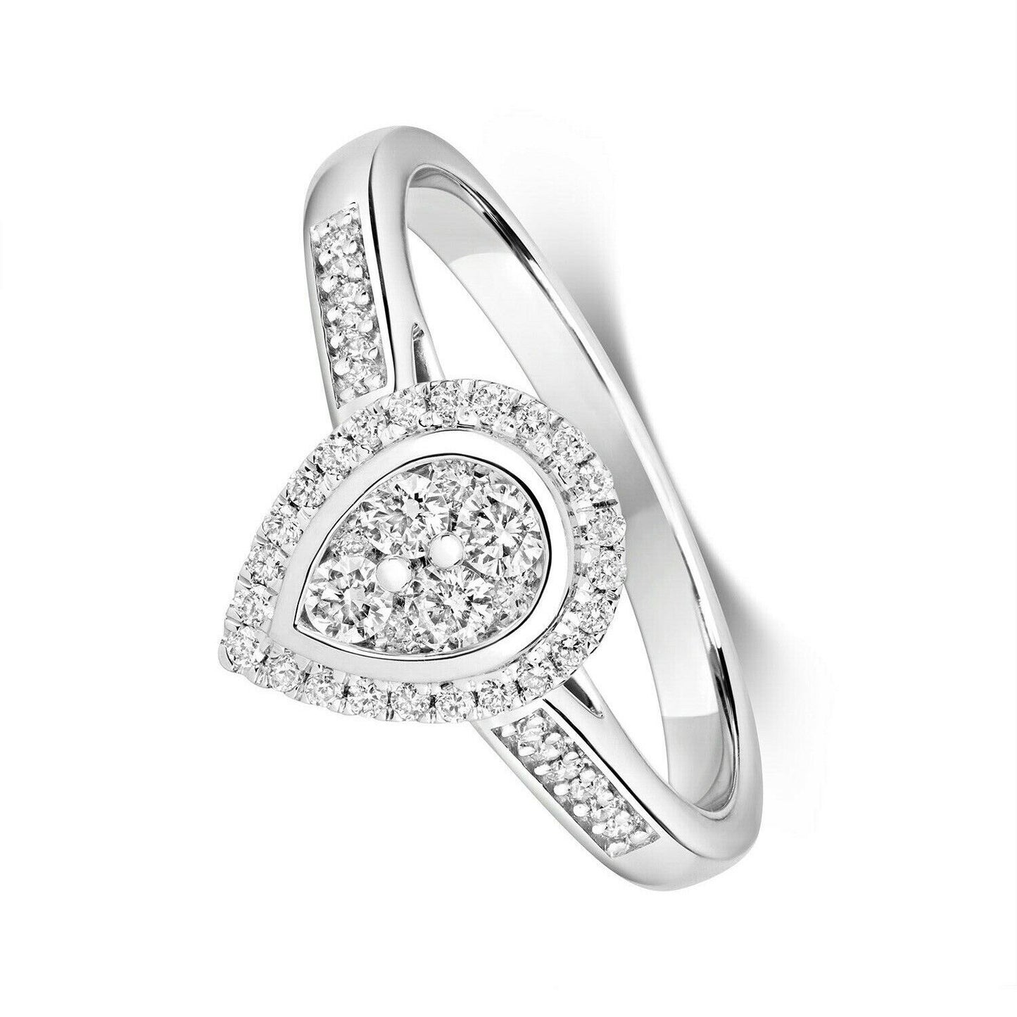 Real Diamond Halo Engagement Ring 9ct White Gold Pear Cluster 0.33 Carat Weight