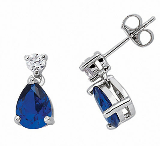 Sapphire Pear Drop Earrings Solid Sterling Silver Rhodium Plated 925 Hallmark