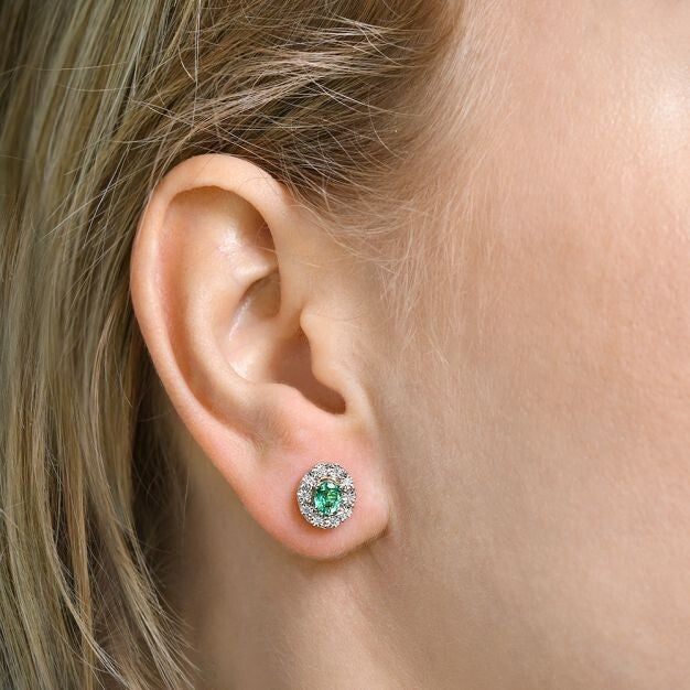9ct Yellow Gold Emerald and Diamond Oval Stud Earrings Hallmarked