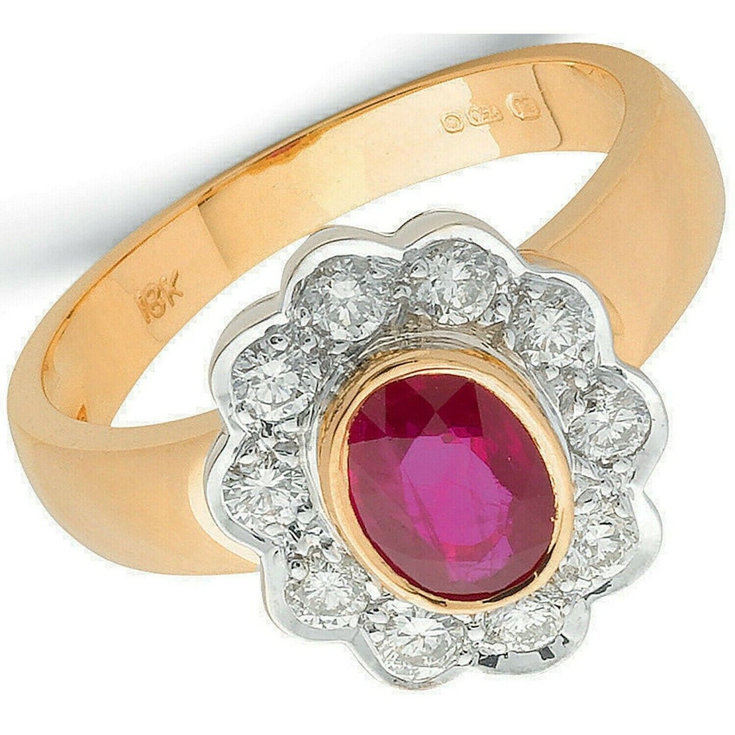Real Ruby and Diamond Ring 18ct Yellow Gold Oval Cluster 1.00 Carat Weight