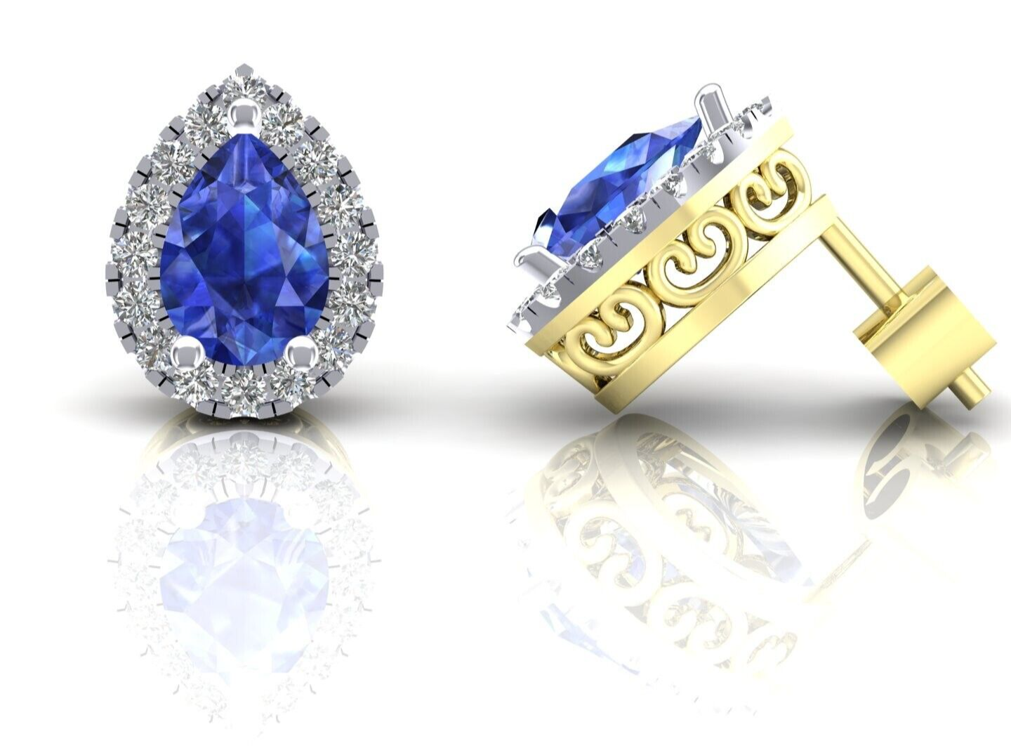 Sapphire Pear Cluster Stud Earrings Solid 9ct Yellow Gold Hallmarked