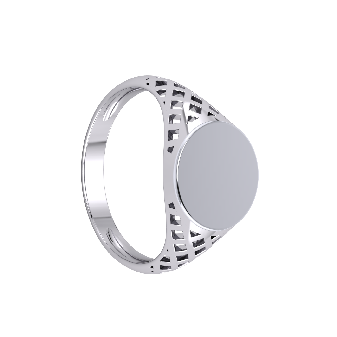 Gents Round Signet Ring Platinum Plated Solid Sterling Silver 925 Basket Sides