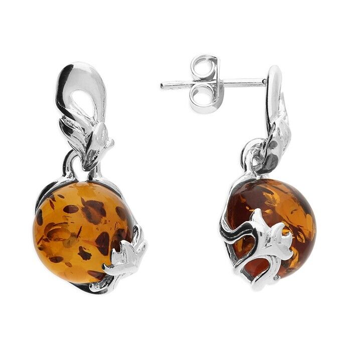 Cognac Amber Pretty Leaf Pendant and Earrings Set Solid Sterling Silver 925