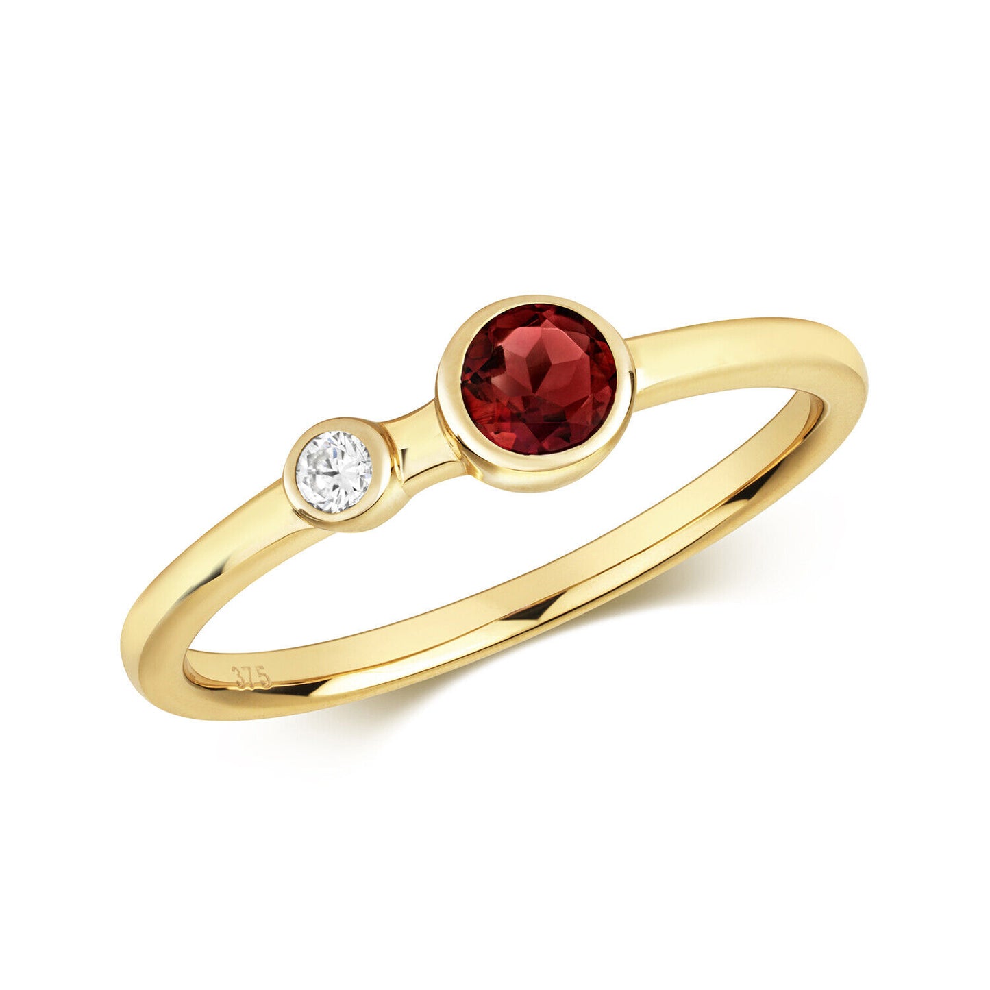 Real Garnet and Diamond Ring 9ct Yellow Gold Solitaire Smooth Set Band Size J-Q