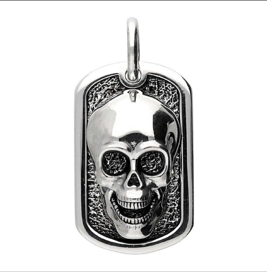 Oxidised Skull Dog Tag Pendant Men's 925 Solid Sterling Silver 925 Hallmarked
