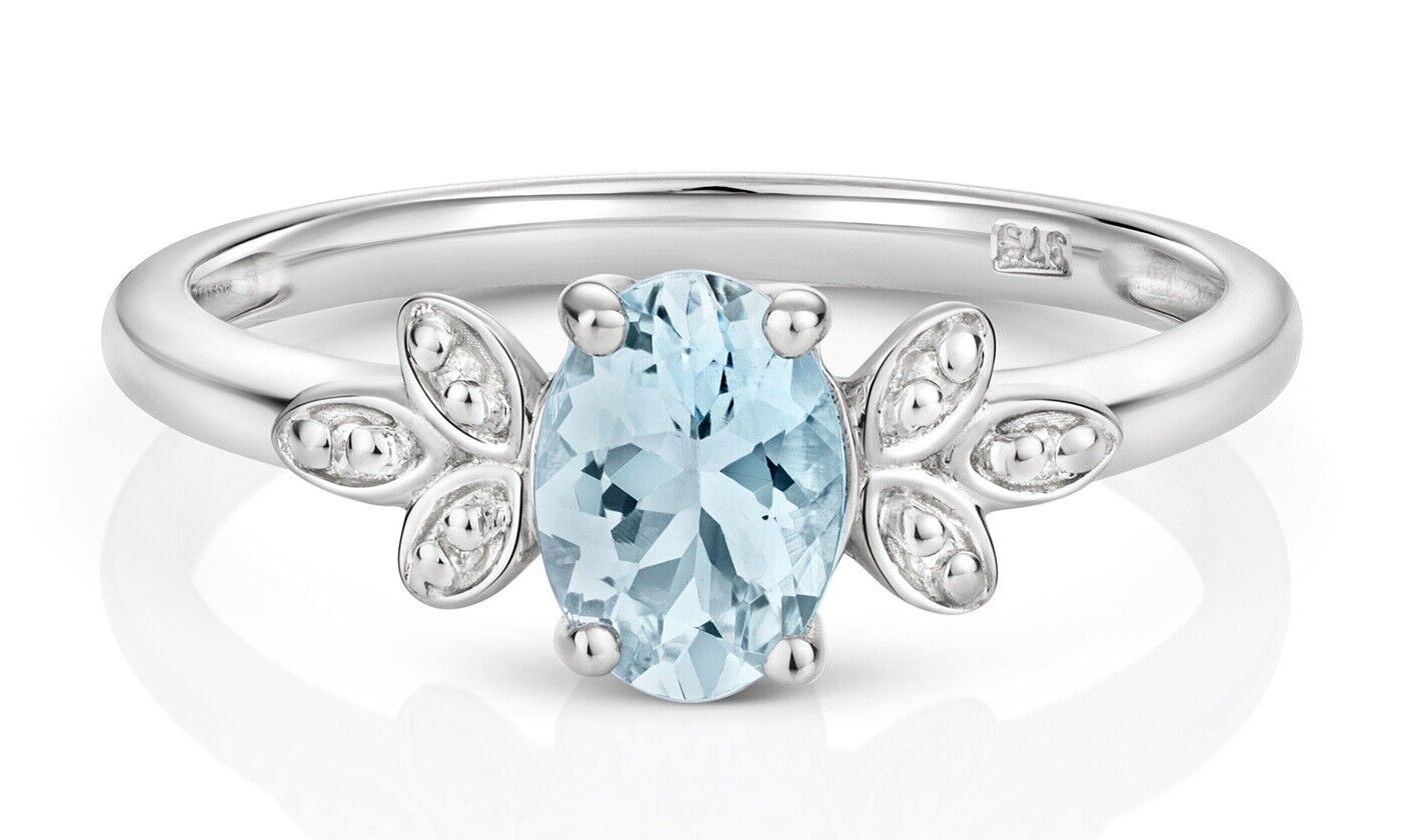 Aquamarine and Diamond Ring Leaf Design Shoulders 9ct White Gold Size J - Q
