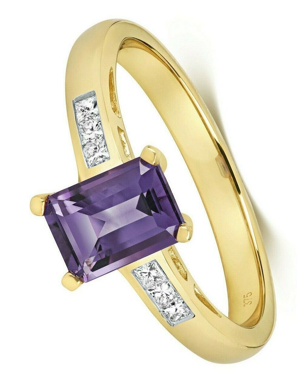 Real Amethyst and Diamond Ring 9ct Yellow Gold Solitaire Size JKLMNOPQ