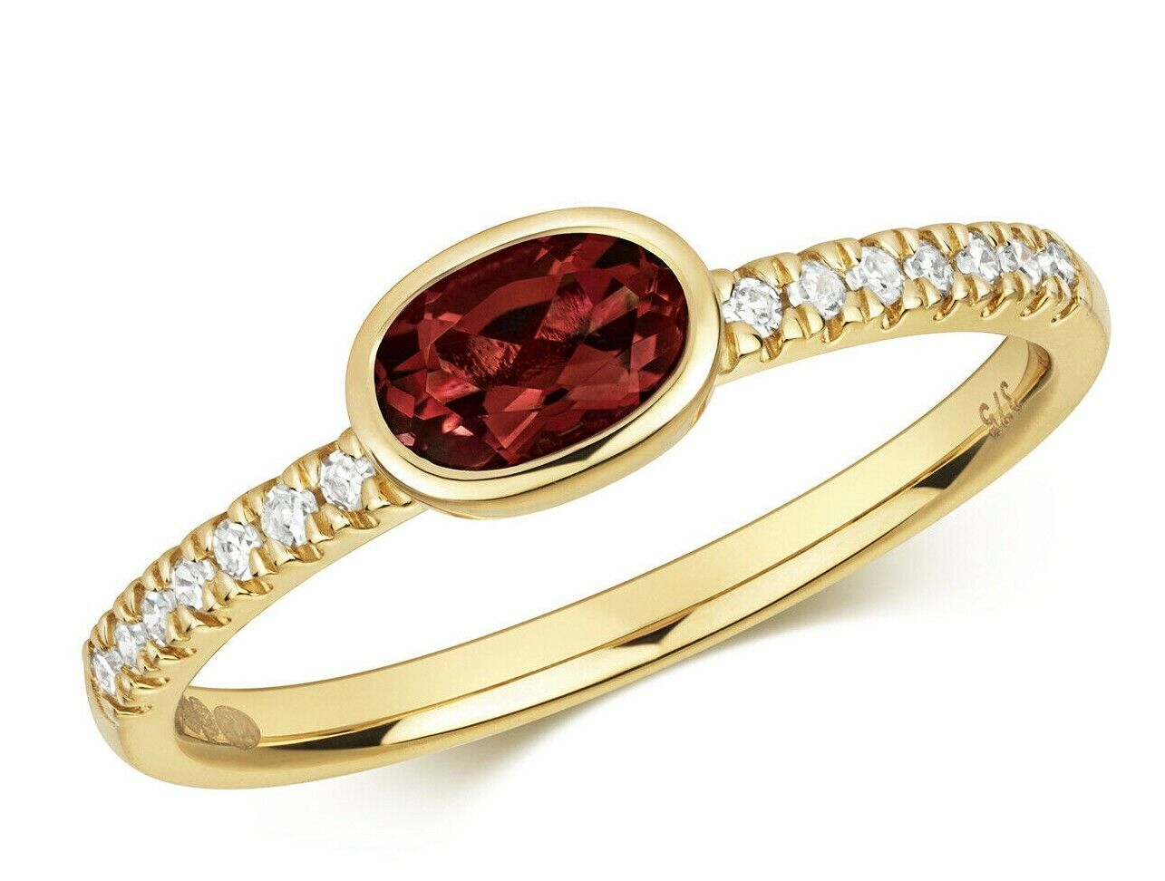 Real Garnet and Diamond Ring Solid Yellow Gold Oval Solitaire Size J - Q