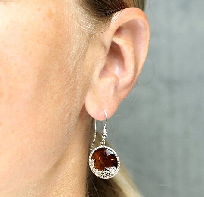 Cognac Amber Sea Life Drop Earrings Solid Sterling Silver 925