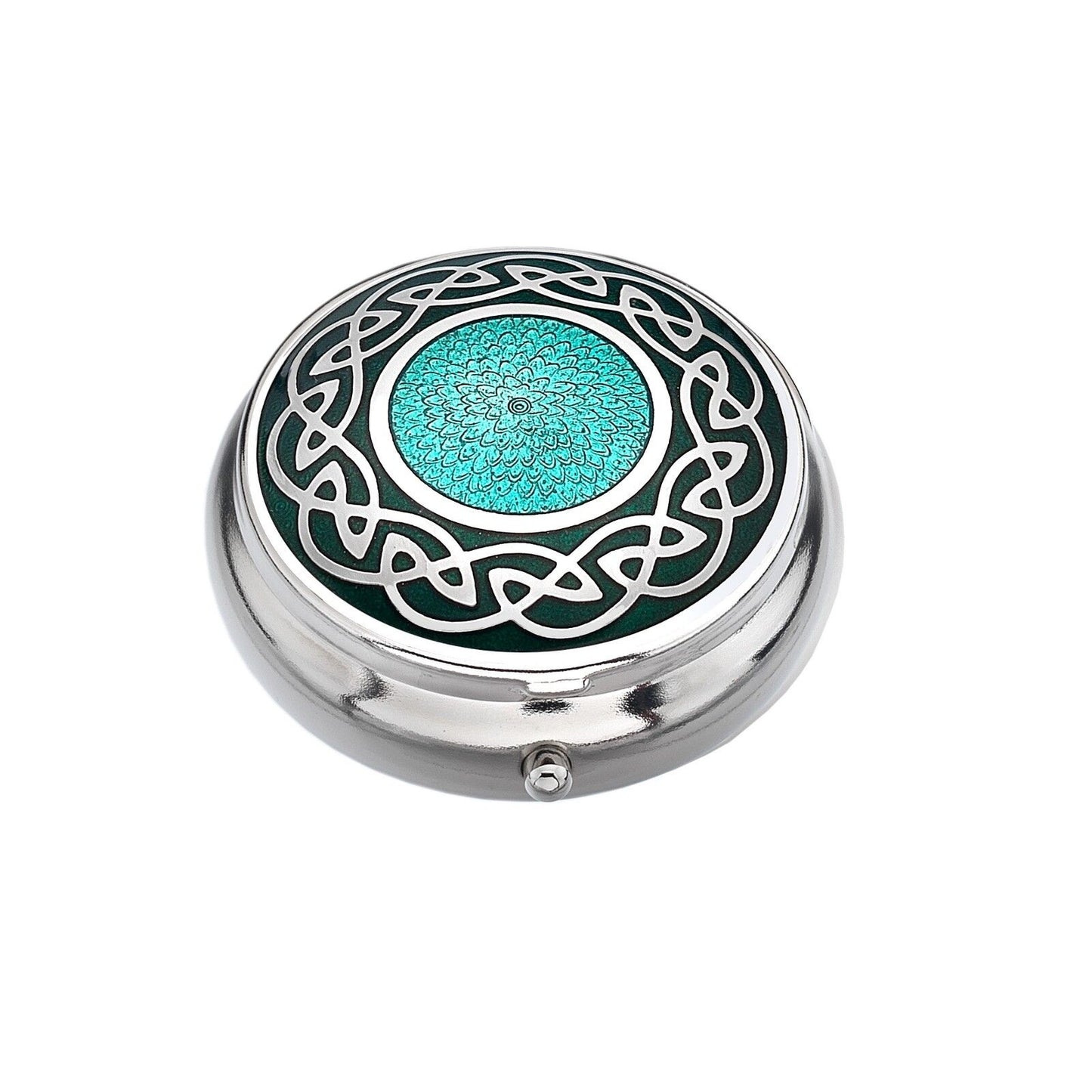 Pillbox Silver Plated Celtic Knot Solid Centre Green Brand New and Boxed