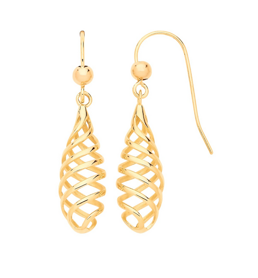Yellow Gold Spiral Drop Earrings Hallmarked 31.5mm