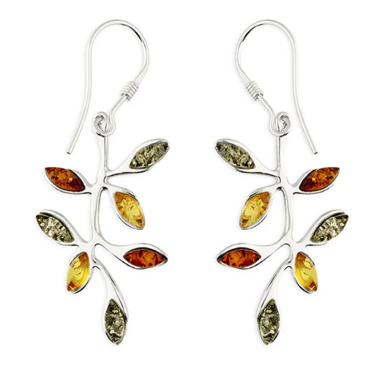 Mixed Amber Dancing Leaf Drop Earrings Solid Sterling Silver 925 Hallmark