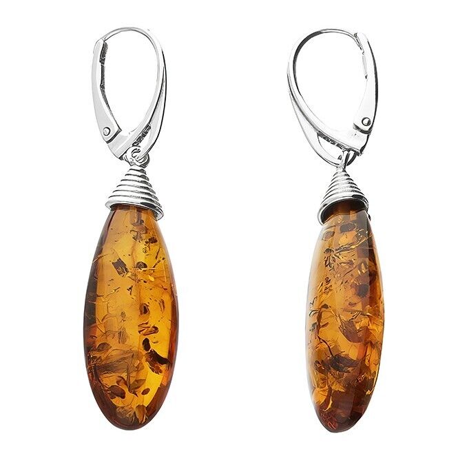 Cognac Amber Lozenge Drop Earrings With a Cone Top Solid Sterling Silver 925