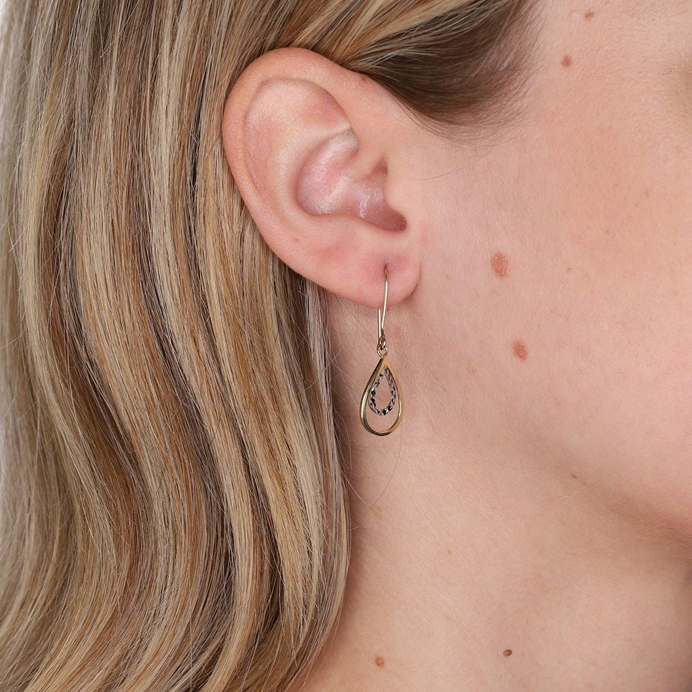 Double Teardrop Drop Earrings 9ct Yellow and White Gold Drops Hallmarked
