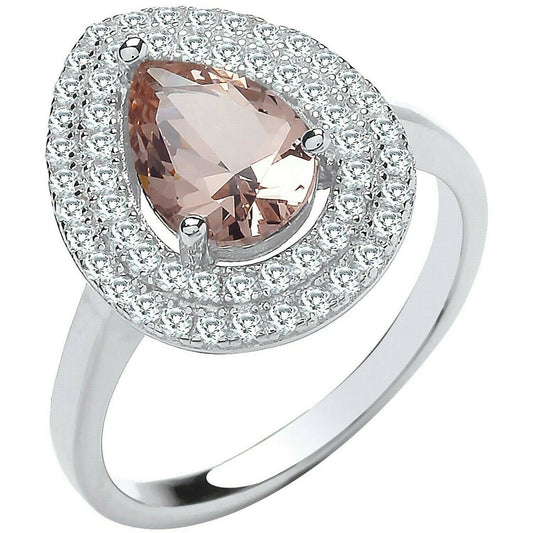 Morganite Pear Halo Ring Sterling Silver 925 Hallmark Rhodium Finish