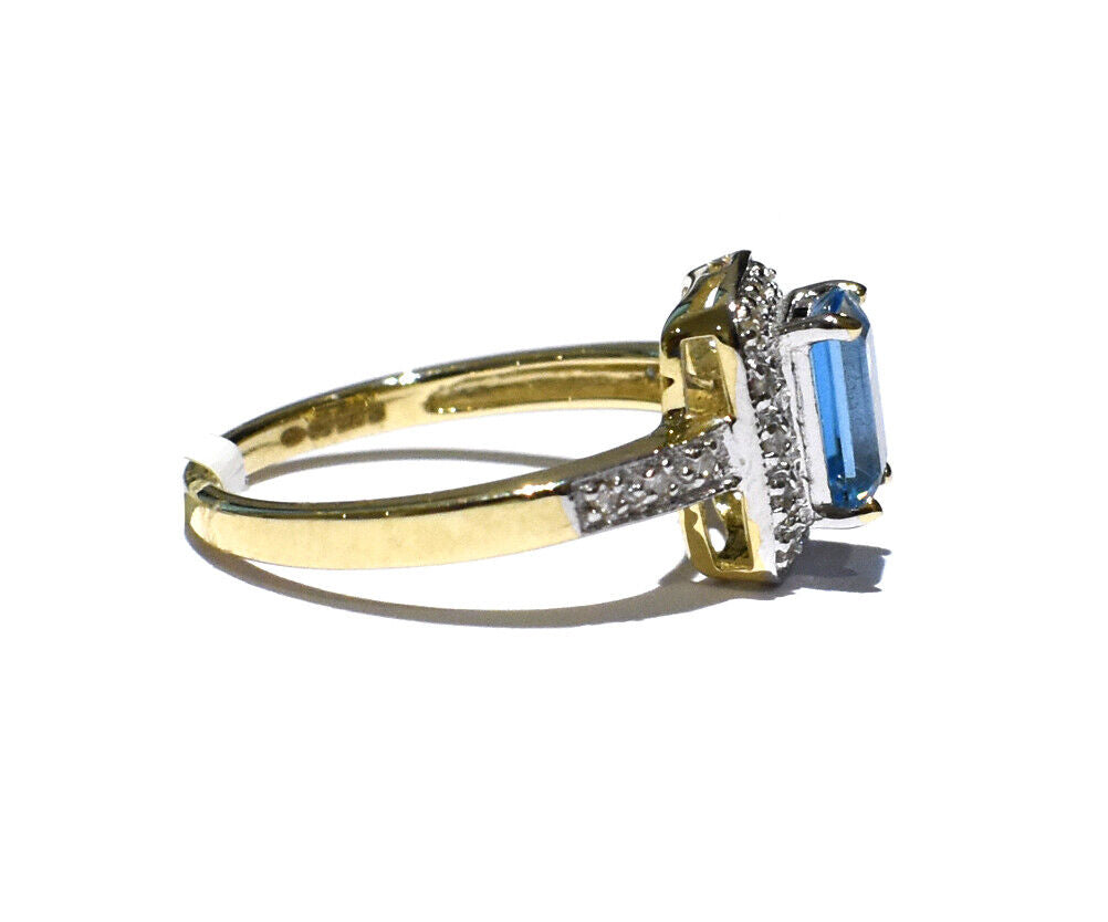Real Blue Topaz and Diamond Ring Emerald Cut Solid Yellow Gold Engagement