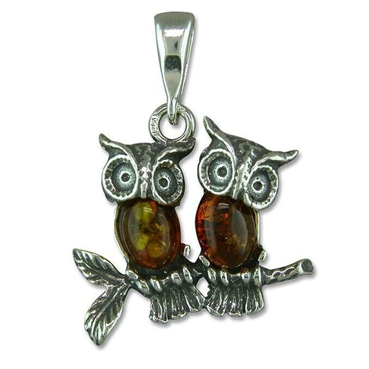 Real Amber Two Owls on Branch Pendant and Chain Solid Sterling Silver 925