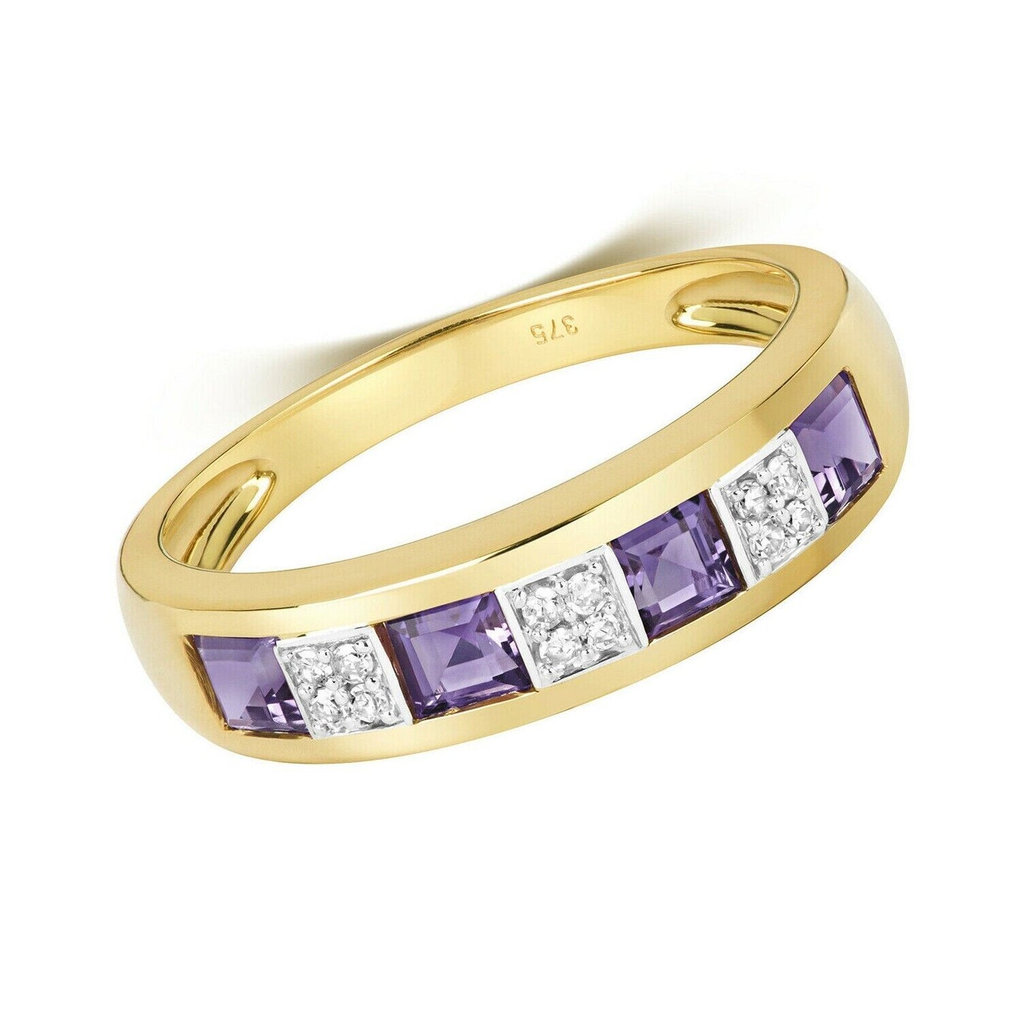 Real Amethyst and Diamond Eternity Ring Solid Yellow Gold Square Princess Band