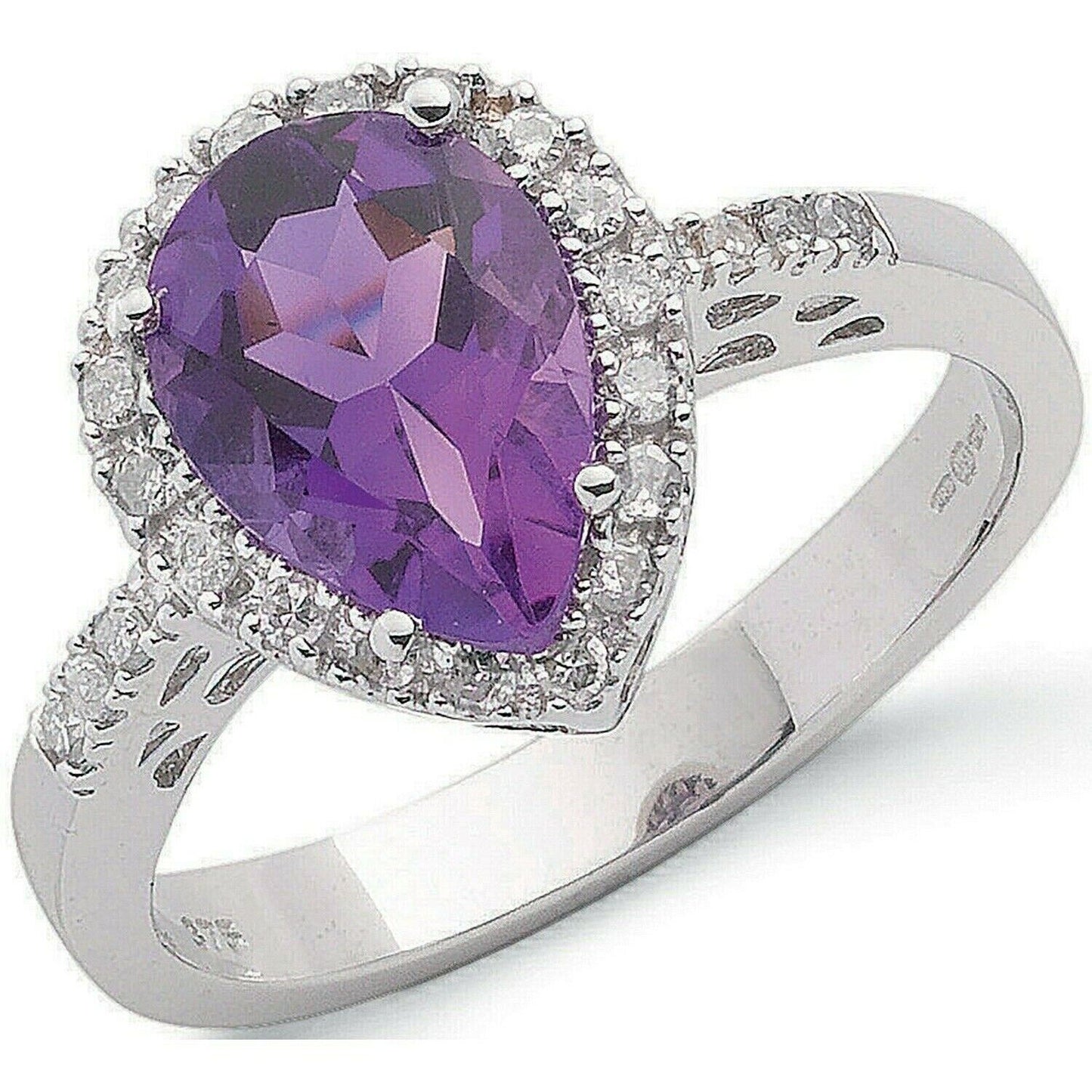 9ct White Gold 0.18ct Diamond and 1.60ct Amethyst Ring Pear Teardrop Size K - Q