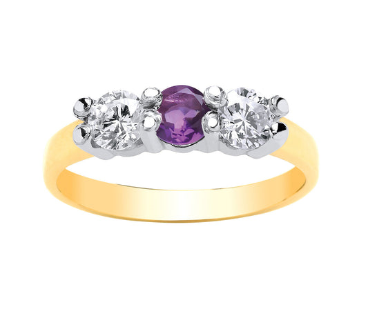 Real Amethyst Trilogy Ring 9ct Yellow Gold Three Stone Engagement Full Hallmark