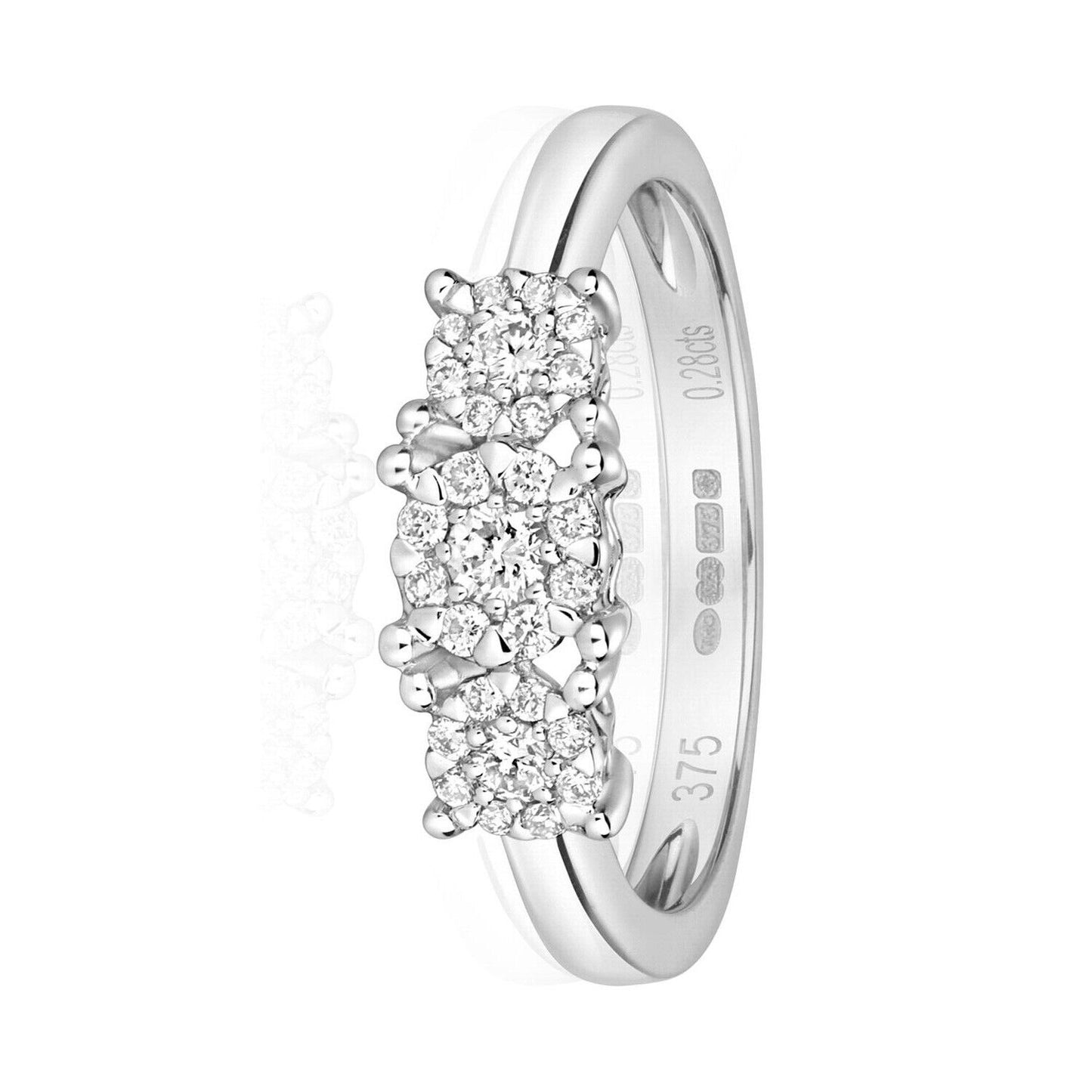 Real Diamond Ring Three Stone Cluster Trilogy 9ct White Gold Engagement Size J-Q