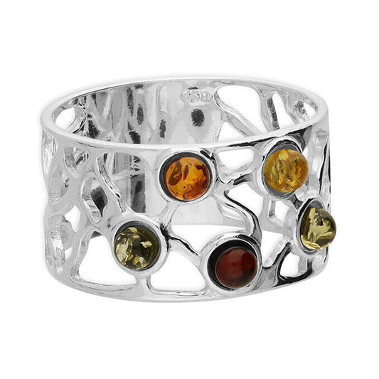 Mixed Amber Decorative Band Ring Statement Solid Sterling Silver 925 11mm Wide