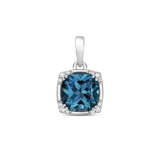 London Blue Topaz and Diamond Pendant White Gold Square Cushion Necklace