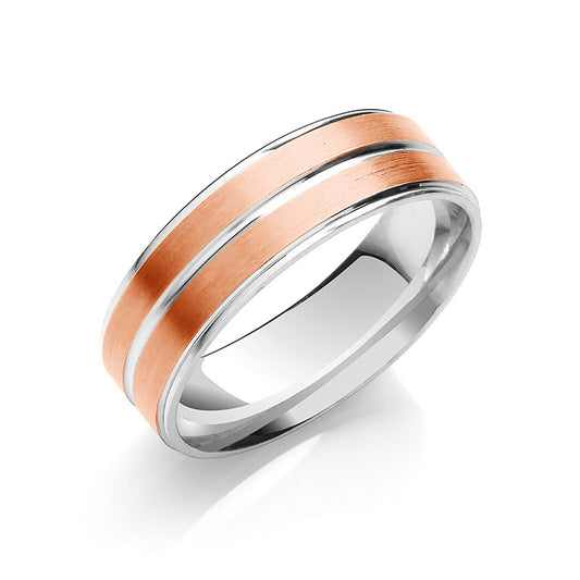 7mm Flat Wedding Band  Two Colour Track Edges & Centre 9ct White and Rose Gold